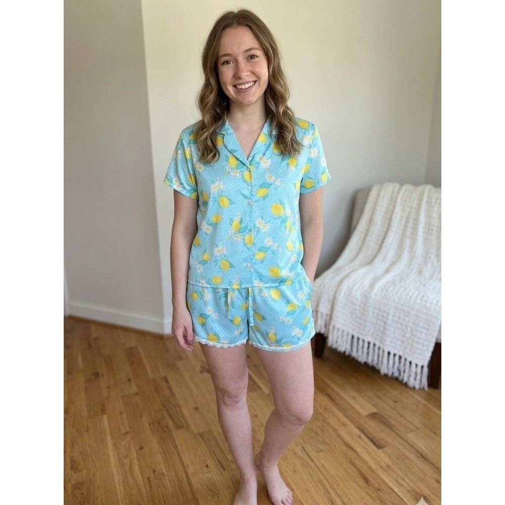 Flora Nikrooz Satin Pajama Set - Lemon & Daisy Print 2pc Shorts Set - Size M